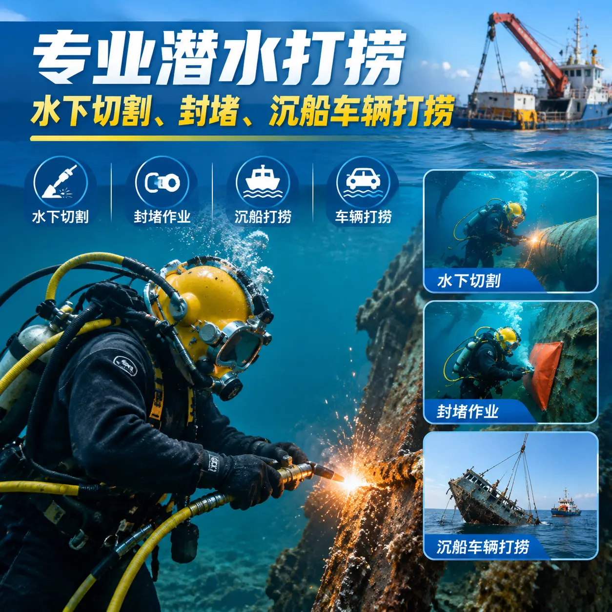 专业潜水打捞｜水下切割、封堵、沉船车辆打捞澄迈